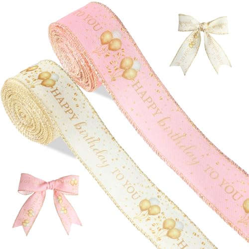 Joyeux Anniversaire Ruban 40mm x 9m Ruban Blanc et Rose 2 Rouleaux Rubans Cadeau Happy Birthday Imprimé Rubans pour Fête Anniversaire Emballage Cadeau Boîte à Gâteaux Décoration Fleur