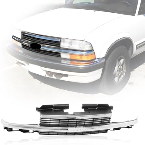 JustDrivably Front Grille Grill Compatible With Chevrolet 1998-2005 Blazer | 1998-2004 S10 Pickup Truck (Chrome Bar With Gray Insert) Cover