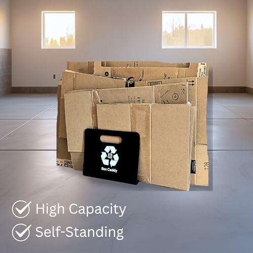 Image of Box Caddy - Cardboard Recycling Organizer. The ultimate solution to store, transport, and recycle your boxes. Eliminates cardboard clutter. (Black /White with Wall Bar)