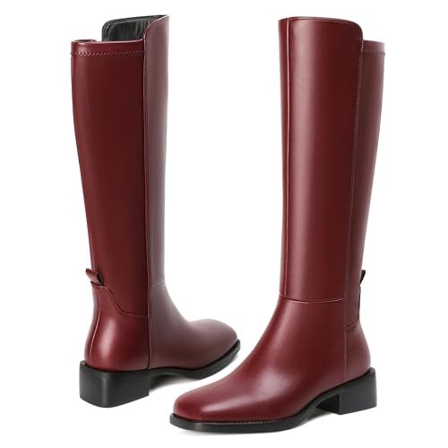 Image of vivianly Women's Knee-High Boots, Faux Leather Elastic Boots Low Heel Square Toe, Side Zipper Tall Boots