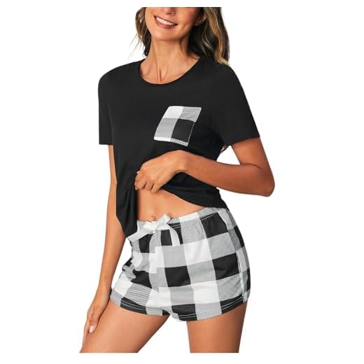SOLY HUX Women's Short Sleeve Tee Top and Plaid Shorts Lounge Pajama Set Sleepwear Black White M