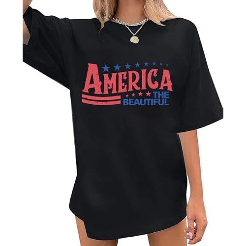 Oversized American Shirts for Women Patriotic T-Shirt 4th of July USA Flag Tee Faith Freedom Graphic Tops Small Black