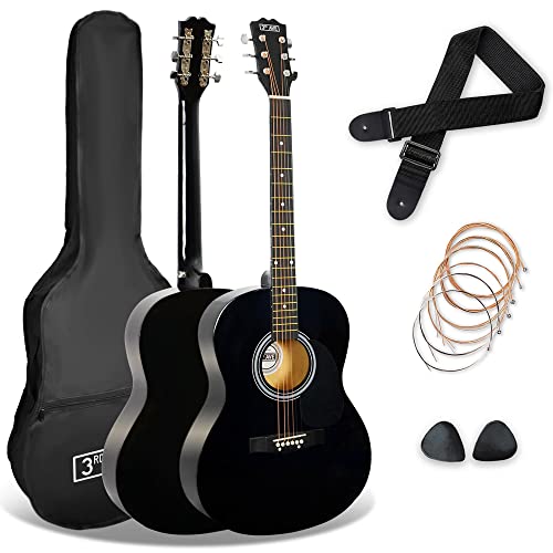 3rd Avenue Pack de guitarra acústica de tamaño estándar 4/4 con cuerdas de acero para principiantes de 3rd Avenue, funda de transporte, púas y cuerdas de repuesto, Negro
