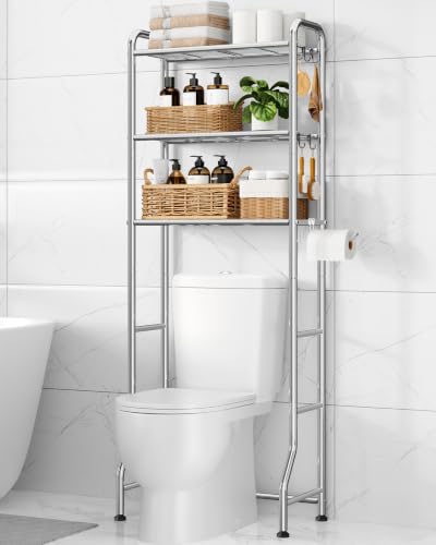 Image of Kitsure Over Toilet Storage Rack, 63.2 inch H Space-Saving, Holder & Hooks | Bathroom, Laundry Room, Small Spaces, Families, Durable Metal, Chrome, 3 Tier