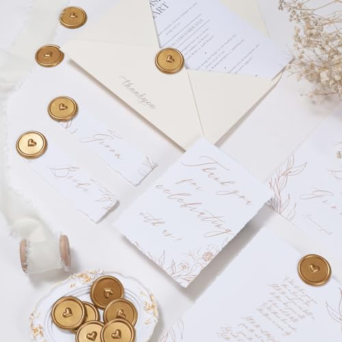 UNIQOOO Wax Seal Stickers - 3D Heart Wedding Invitation Envelope Seal Stickers, 50 Pcs Self- Adhesive Antique Gold Stickers, Perfect for Invitation, Christmas, Gift