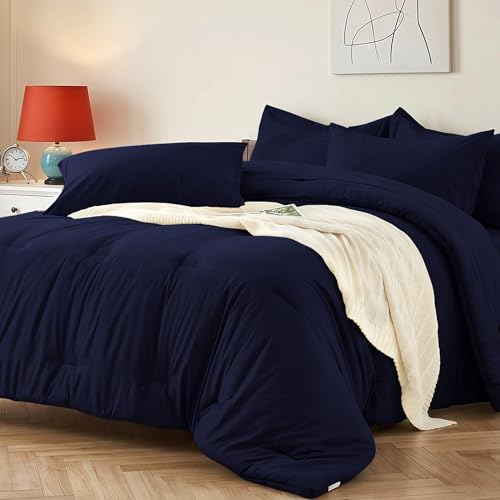 Easthome Queen Comforter Set 7 Piece with Lightweight Comforter, Navy Blue