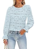 Picture of LUXVEER Women's Eyelet Tops Long Sleeve Blouses Dressy Casual 2025 Fall Fashion Cute Hollow Out Crochet Lace Embroidered Boho Shirts Light Blue L