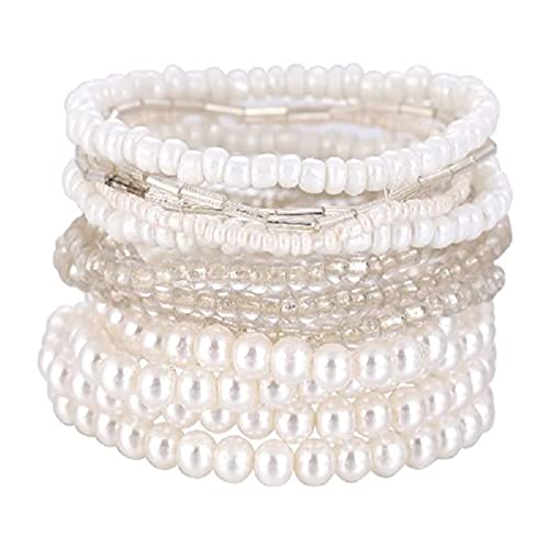 Handmade Multicolor Bohemian Crystal Beaded Bracelets Set Multilayer Stackable Boho Charms Stretch Layered Bead Adjustable Bangles Strand Jewelry For Women Girls-White #TOP17