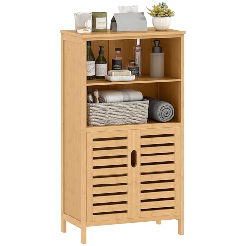 kleankin Meuble de Salle de Bain Placard de Rangement Meuble de Rangement sur peids en Bambou avec 2 Portes et 2 Compartiments - 50 x 29 x 92 cm