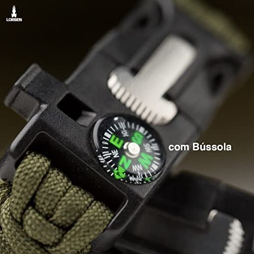 Pulseira Tática de Sobrevivência Lorben Bracelete Emergência Trilha Bússola Pederneira Faca Apito