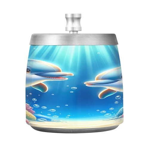 Söta delfiner blå askfat kvinnor, rostfritt cigarraskfat, utomhus rumpa burk