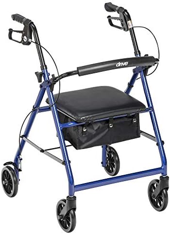 Drive Medical Aluminum Rollator Walker Fold Up and Removable Back Support, Padded Seat, 6" Wheels, Blue