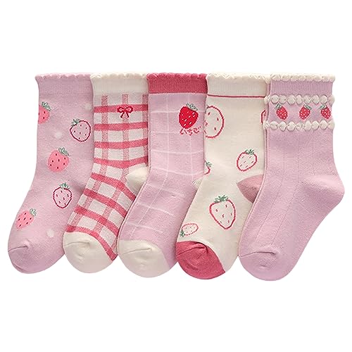 Boys Girls Crew Socks Junior School Sock Kids Warm Athletic Toddler Winter Children Casual Stretchy Mesh Ankle with Lace Trim and Adorable Strawberry