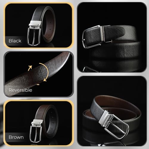 Image of Belts for Men Leather Original, Reversible Black & Brown Formal & Casual Italian Leather Belt with Solid Metal Curved Buckle