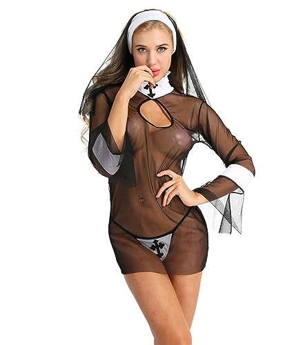 ROSVAJFY Disfraz de Monja Sexy Mujer Lencería Cosplay Nun de Malla Transparente, Halloween Ropa Interior Juego Role Traje de Monja Picardias 3 Piezas, Mini Vestido+Tocado+Tanga