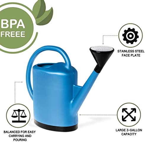 Gardeners Supply Company French Blue Watering Can | 3 Gallon Indoor Outdoor Water Gallon Shower For Plants With Removable Stainless Steel Faceplate Rose Sprinkler Attachment - Blue #TOP1