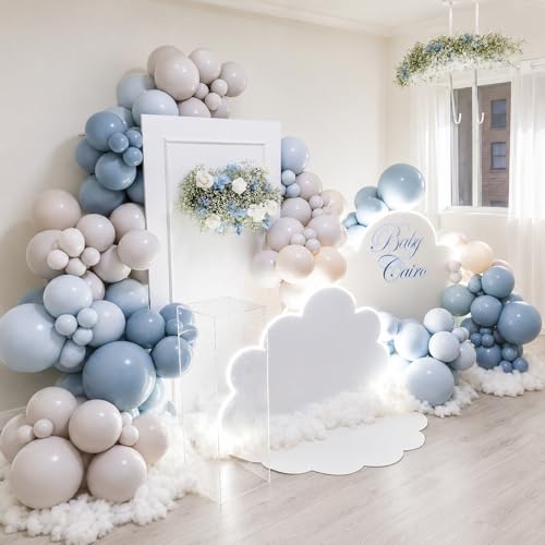 Image of Dusty Blue Balloons, 60 PCS 12 Inch Fog Slate Pastel Blue White Sand Cream Beige Gray Latex Balloon for Baby Boy Shower Bridal Shower Wedding Bachelorette Gender Reveal Birthday Party Decorations