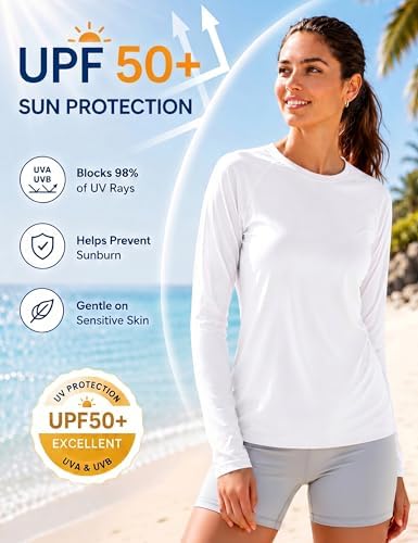 Boladeci Rash Guard Women White Long Sleeve Shirt Women Sun Protection Clothing Fishing Shirts SPF Shirts for Women Uv Shirt T-Shirts Tops Hiking Ladies Swim Shirt M White Long Sleeve Tshirt Womens — view 2