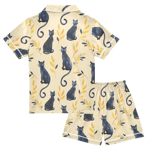 Watercolor Black Cat and Leaf Summer Satin Pajama Set, Cute Button-Down Sleepwear Pj Set for Sleep Wears2