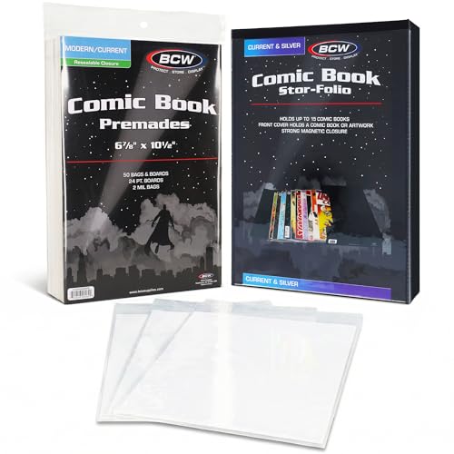 BCW Comic Book StorFolio Kit – Includes Magnetic Comic StorFolio + 50 Current Premade® Resealable Comic Book Bags and Boards | Comic Book Carrying Case & Storage Organizer