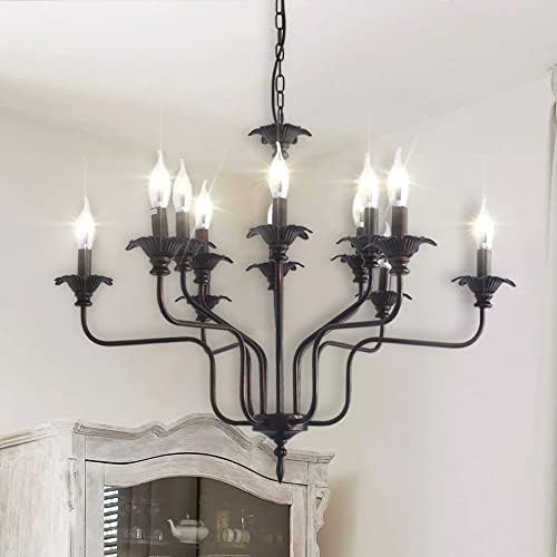 WJShome Black Candle Chandelier, 12 - Light Farmhouse Chandeliers, Wrought Iron Industrial Hanging Chandelier Light Fixture, Rustic Ceiling Light for Living Room Kitchen Island Foyer