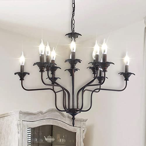 Wjshome Black Candle Chandelier, 12 - Light Farmhouse Chandeliers, Wrought Iron Industrial Hanging Chandelier Light Fixture, Rustic Ceiling Light For Living Room Kitchen Island Foyer #TOP3