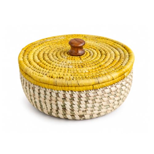 Image of Handmade Sabai Grass Box for Roti /paratha /Dry Fruits |Organiser, Storage Box | Container for Serving on Dining Table| Kitchen Decor Cum Utility| Size : 21L x 21W x 8H CM (Yellow)