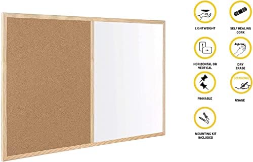 KAV - White Board and Cork Board (2 in 1) with Wooden Frame | Notice Boards Wall Mounted & Dry Erase Office Memo School Home (300x 400)