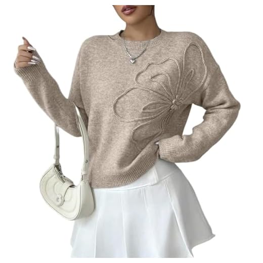 RAOLDWAK Women's 3D Floral Appliques Crewneck Sweaters Long Sleeve Drop Shoulder Pullovers Elegant Knit Tops (Khaki,Large)