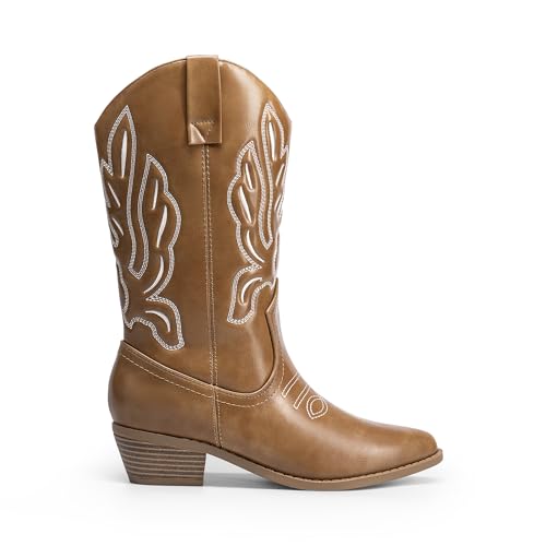 Dream Pairs Women'S Cowboy Boots Mid Calf Cowgirl Boots Embroidery Stitched Western Boots,Size 8,Light Brown-Pu,Dwummb2419 thumb #1