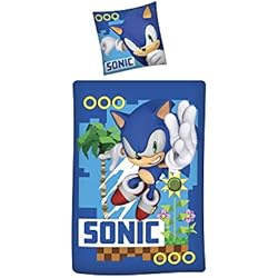 Sonic Edredon Familando Sonic Ropa de cama de 135 x 200 cm, 80 x 80 cm, para niños y adolescentes, ropa de cama infantil con cremallera, 100% algodón
