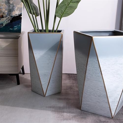Jardinière haute en céramique bleu clair laquée design diamant