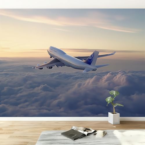Papel pintado panorámico moderno blanco para salón dormitorio comedor - Mural decorativo artístico atardecer nubes avión papel pintado no tejido fotográfico 200An x 140Al cm
