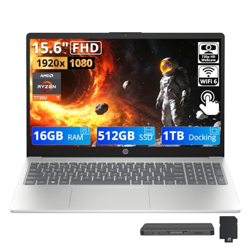 Image of HP Laptop, 15.6 inch FHD IPS Touch Display, AMD Ryzen 7 7730U, 16GB RAM, 1.5TB Storage (512GB SSD+1TB Docking Station Set), AMD Radeon Graphics, Numeric Keypad, 720p HD Camera, Wi-Fi 6, Win 11, Silver