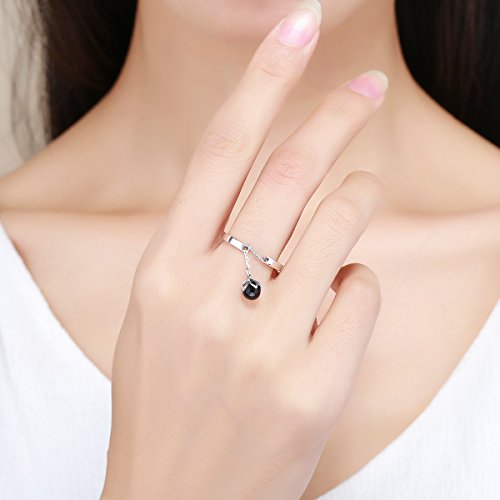 Dangling Black Freshwater Cultured Pearl Sterling Silver 925 Statement Open Rings for Women Girls Adjustable Dainty Dangle Charm Tassel Chain Stacking Finger Band Promise Engagement Wedding Ring2
