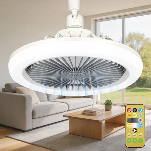 Ventilateur Plafond Silencieux avec 30W Lumière LED, E27 Petites Ventilateur de Plafond Eclairage avec Télécommande, Dimmable, 3 Vitesses, Lampe Ventilateur Plafond pour Chambre, Salon et Cuisine