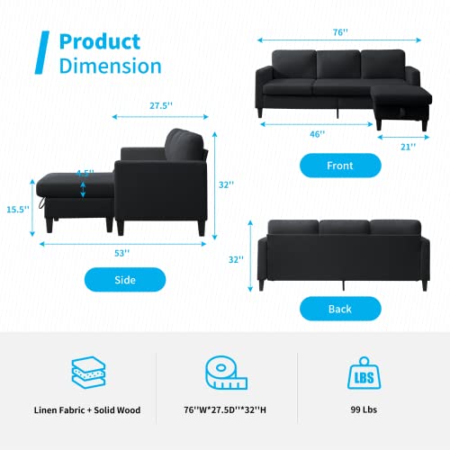 Mjkone Convertible Sectional Sofa Couch With Storage Ottoman, 76" W L-Shaped Couch For Living Room, 3-Seat Sofas With Reversible Chaise, Sectional Couches For Living Room/Office/Bedroom (Dark Grey) #TOP1