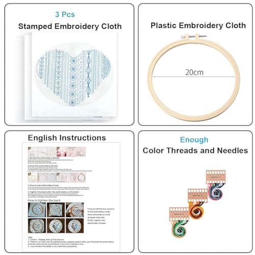 Image of Konrisa Easy Embroidery Kit for Beginners Stamped Embroidery Starter Kit DIY Sewing Needlepoint Cross Stitch for Adults, Stitch Practice Kit 3 Embroidery Fabric Pattern