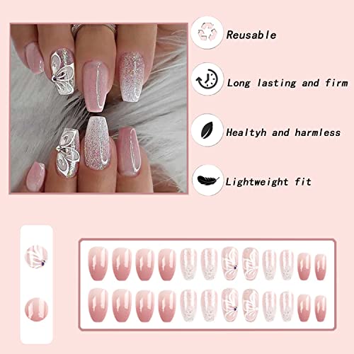 Press On Nails Medium Coffin Gradient Pink Fake Nails With Flower Rhinestones Designs Glossy False Nails Full Cover Glitter Stick On Nails For Women 24 Pcs #TOP1