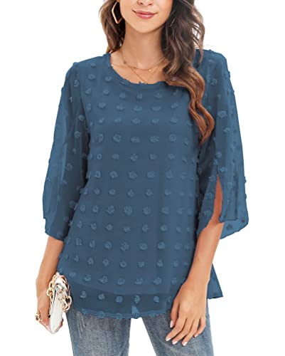 Oyamiki Womens Half Sleeve Layered Flowy Chiffon Blouses Round Neck Shirts Tops, B02-grey Blue, Small