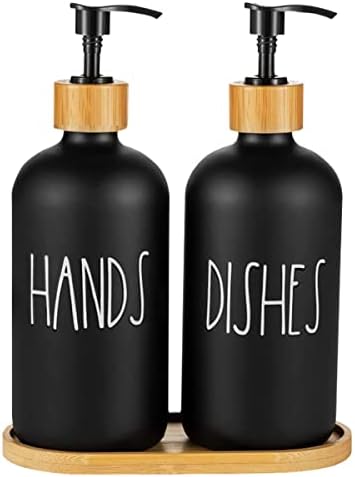 2 Pack Soap Dispenser Bottle with Bamboo Pump Soap Tray 16 Oz Refillable Hand Soap Container Reusable Rustic Detergent Bottle Durable Glass Soap Dispenser Set(Black 2 Pack)