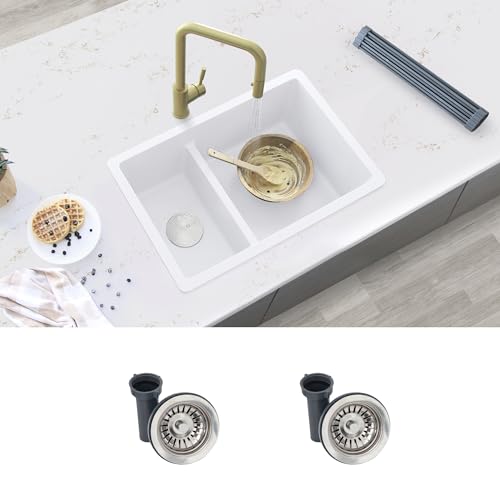 Image of Stylish 27.25 x 18.75 Inch Drop In or Undermount Kitchen Sink Double Bowl Workstation 9.5 Inches Deep Granite Composite Kitchen Sinks with Regular Strainers White, S-827H