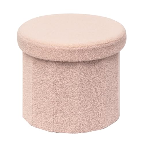 Image of B FSOBEIIALEO Storage Ottoman Cube, Round Ottomans with Storage Foot Stool Footrest for Lving Room, Boucle Ottoman Seat for Dorm Room,Faux Teddy Fur, Pink 15"x15"x13.19"