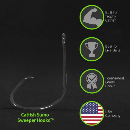 Catfishing Sweeper Hooks - 8/0, 25-Pack, Offset, Black Nickle Finish for Rust-Free, Hook Up with More Fish