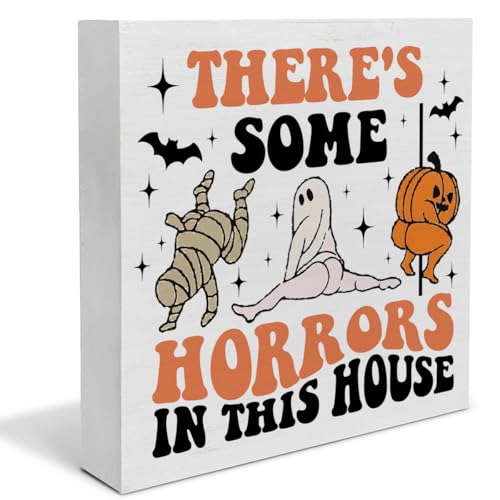 Funny Halloween Decorations Theres Some Horrors in This House Sign Cute Pumpkin Ghost Wooden Square Decor for Home 5 x 5 Inches