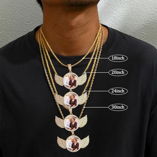 Circle Chain with Picture Pendant for Men Women, Custom Chain Personalized Photo Necklace 18k Gold Plated Iced Out Hip Hop Circle Chain with Wings Big Memorial Necklaces CZ Jewelry Rappers Christmas Gift Rope/Cuban/Tennis Chains3