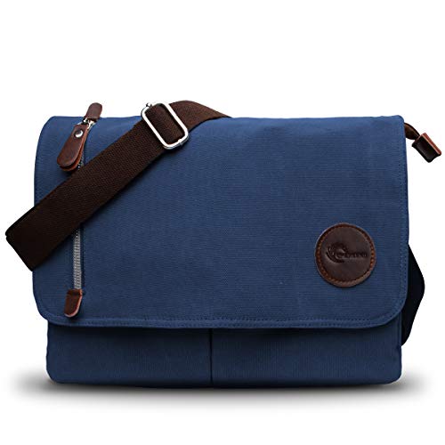 CHEREEKI Koerierstas, Canvas Schoudertas voor Heren Boekentas met Meerdere Vakken Voor Werk, School, Reizen en Dagelijks Gebruik (voor 13,3 inch Laptop) (Blauw)