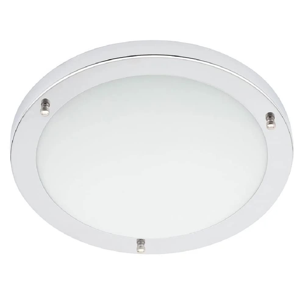 Britalia Polished Chrome & Opal White Glass Bathroom Modern Round Flush Ceiling Light | 31cm Diameter | 2 x ES E27 Lamps Required | IP44 Rated | Suitable for Outdoor Use