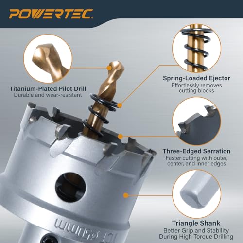 POWERTEC 2" Tungsten Carbide Hole Saw for Soft & Hard Metal | Tungsten Carbide Tipped Hole Cutter Set with Titanium-Plated Pilot Drill Bit for Metal, Stainless Steel, Iron, Wood, Plastic (14905) by POWERTEC - Used condition - Image 3