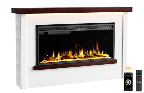 Nexfurn 60" Electric Fireplace with Mantel, Fireplace TV Stand with 42”Electric Fireplace Heater, Remote Control, Shiplap-Style Surround with Multi-Colors Effects for Living Room Bedroom, White